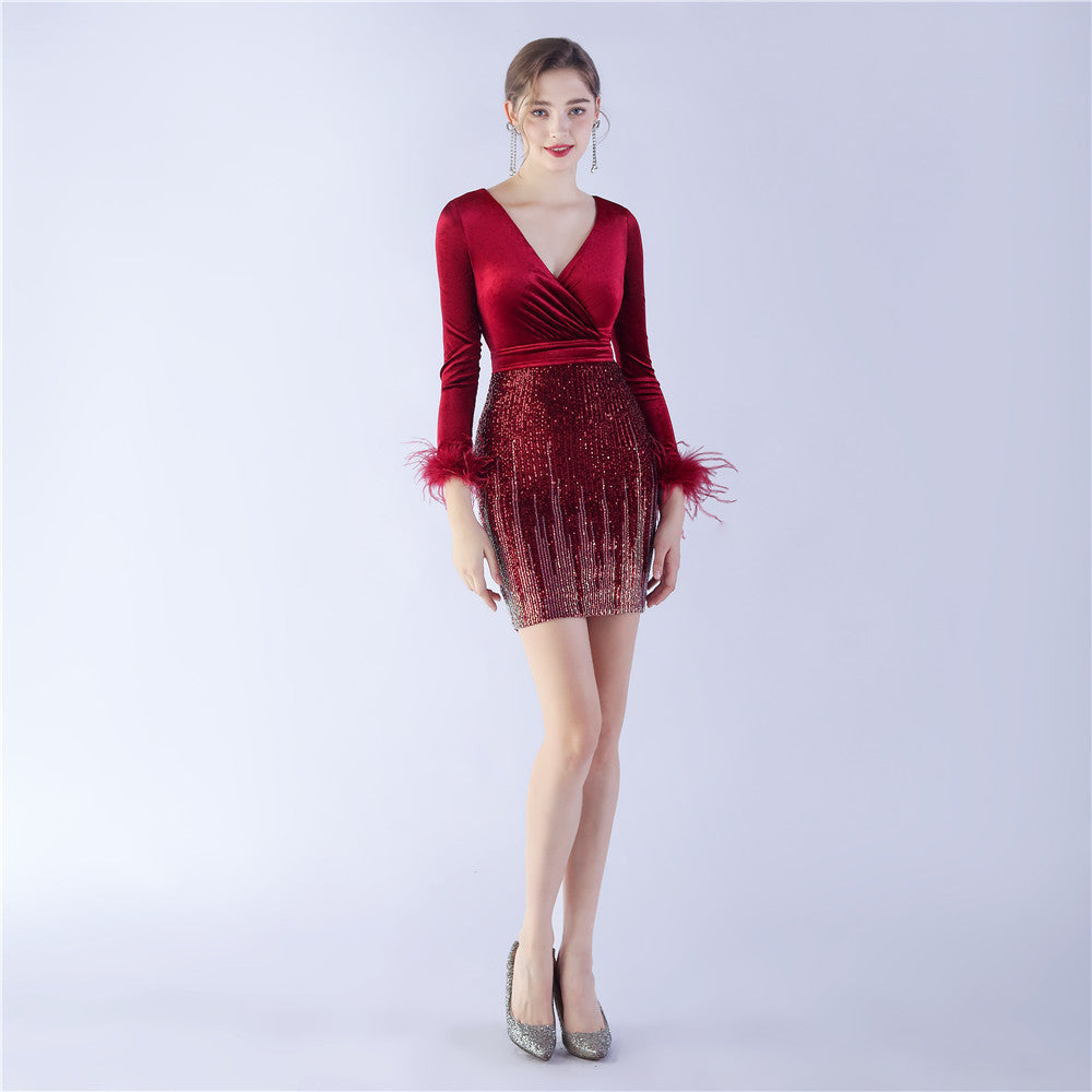 Women ostrich feather beaded velvet long-sleeved Bodycon dress 4