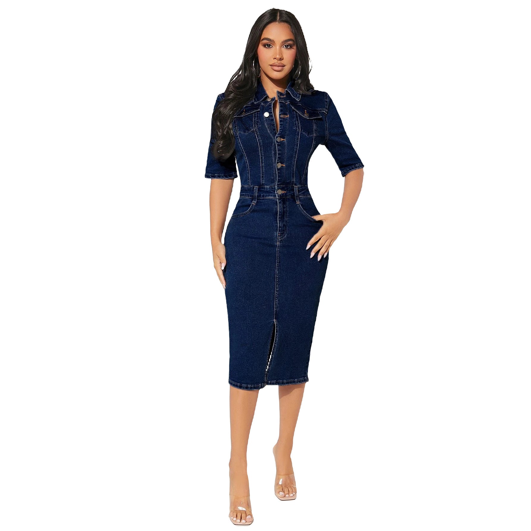 Ladies Elastic Breasted Denim Bodycon Dress 9