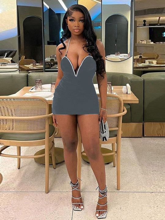 Summer Contrast Low Back Deep V Strap  Women Dress 14