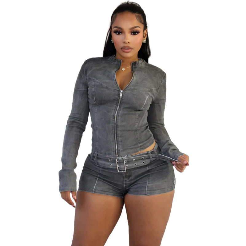 Women long sleeve Top and Denim shorts belt Two Piece Set 4
