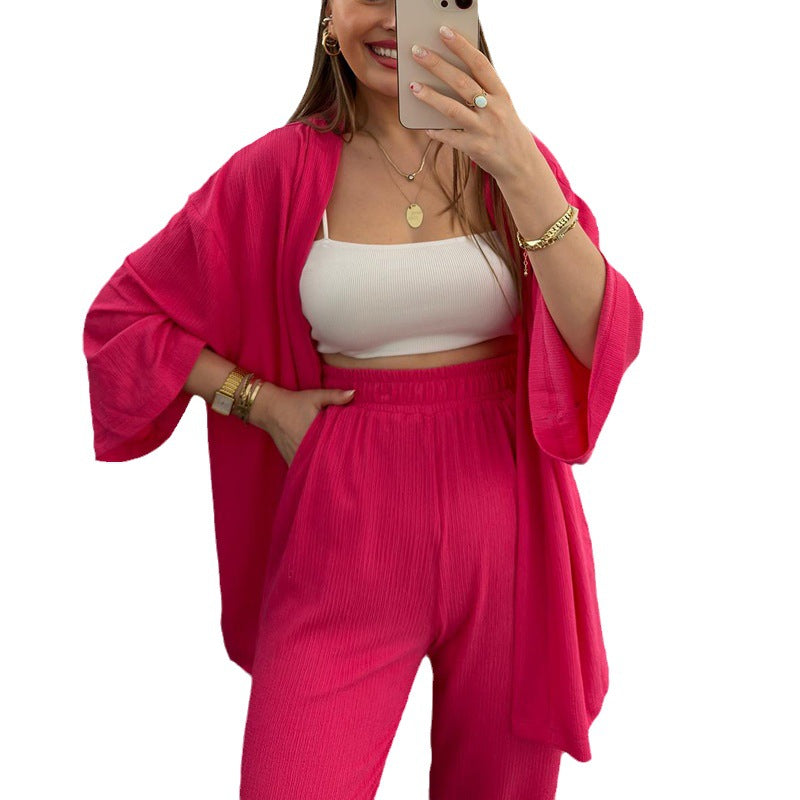 Women Solid long-sleeved shirt and pleated elastic waist trousers two-piece set 10