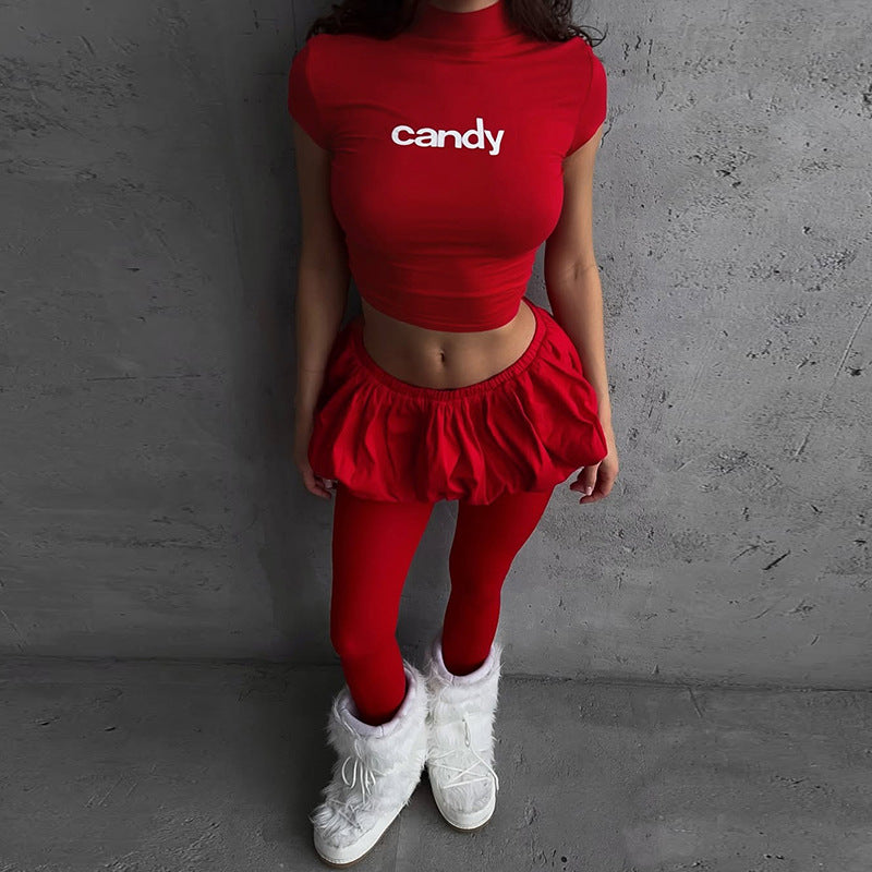 Women Summer Street Trend Round Neck Crop T-Shirt and Skirt Two-Piece Set