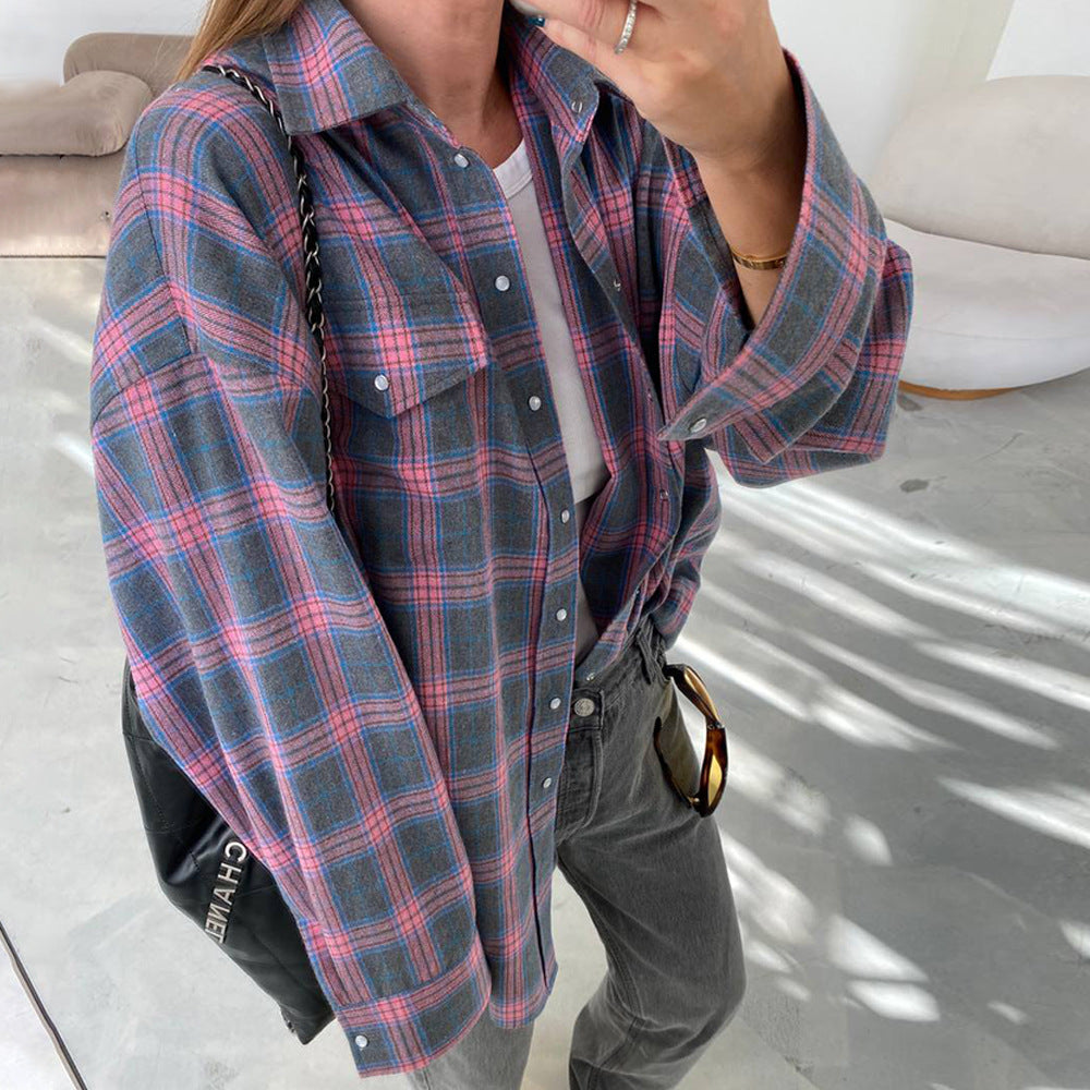 Autumn retro style Turndown Collar loose shirt plaid long-sleeved women's blouse 3