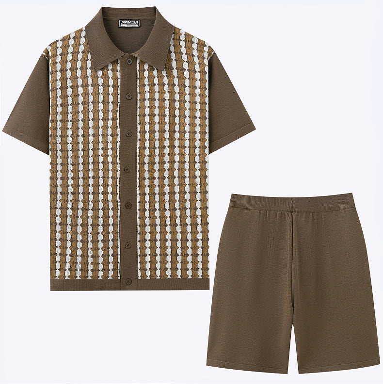 Men's Casual Knitting Short Sleeve Jacquard Polo Top and Shorts Two Piece 4