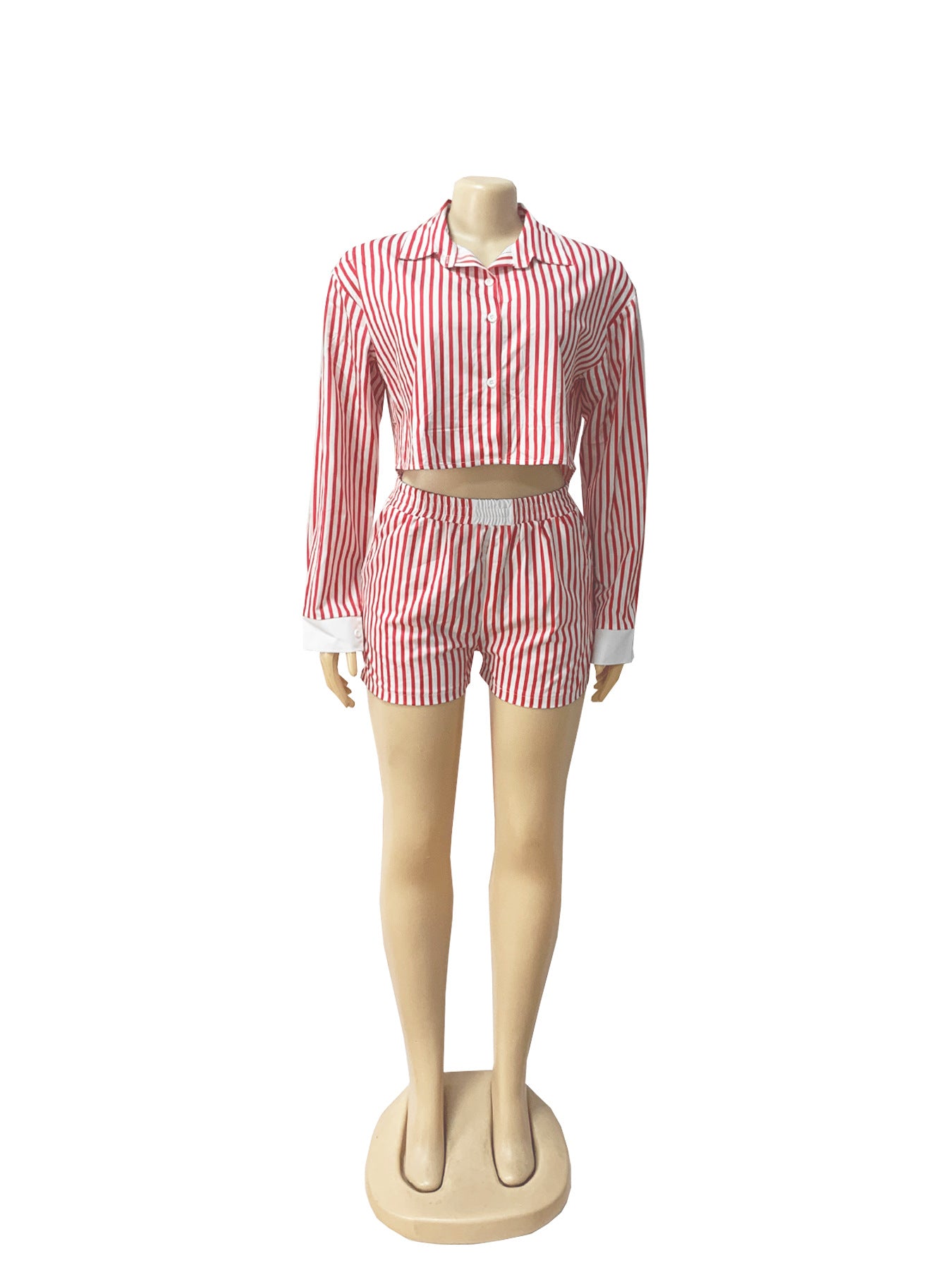 Women Spring and Summer Career Casual Turndown Collar Striped Long Sleeve Shirt Shorts Two-piece Set 15