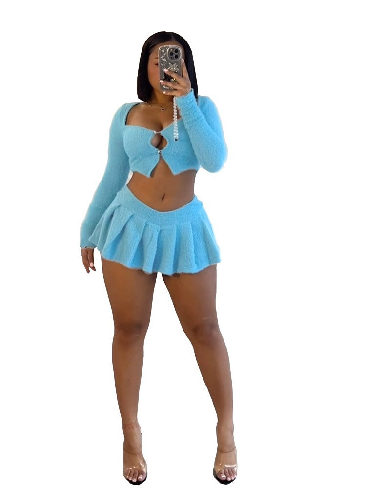 Sexy Plush Long Sleeve Cardigan Top Short Skirt Two Piece Set 3