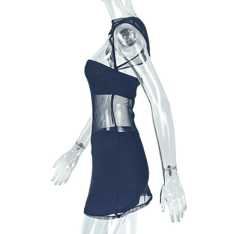 Women Sexy See-Through Bodycon Hollow High-Neck Solid Dress 7