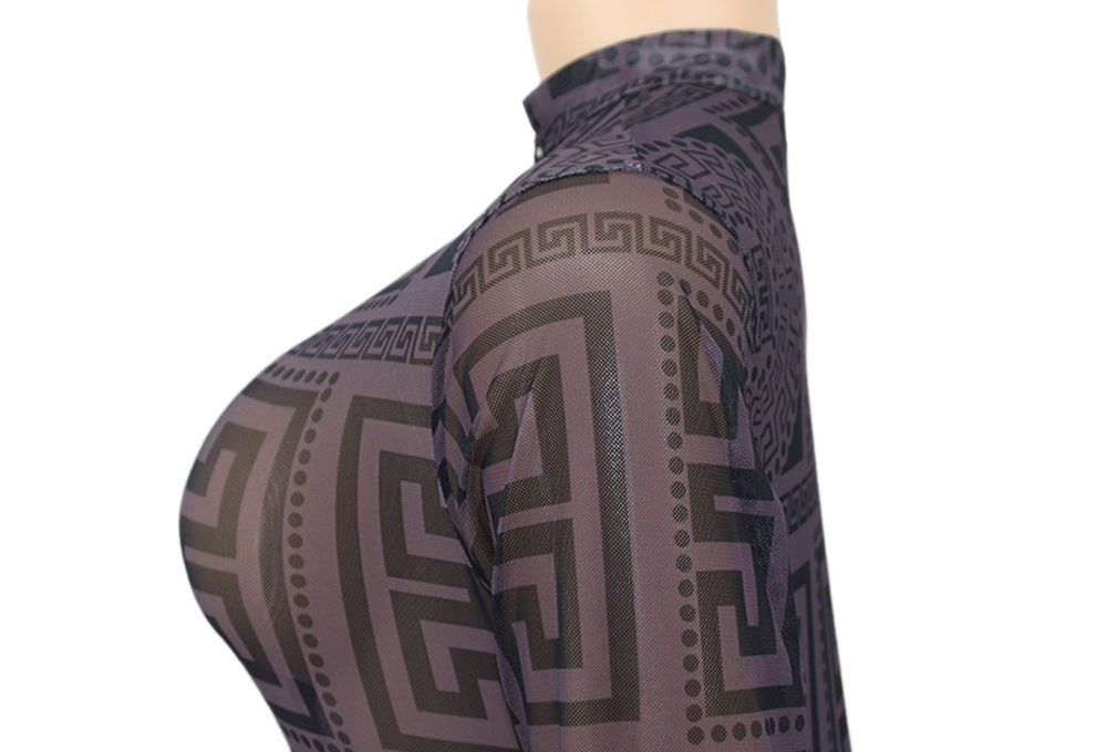 Women Style Printed Mid-High Neck Long Sleeve Jumpsuit 14