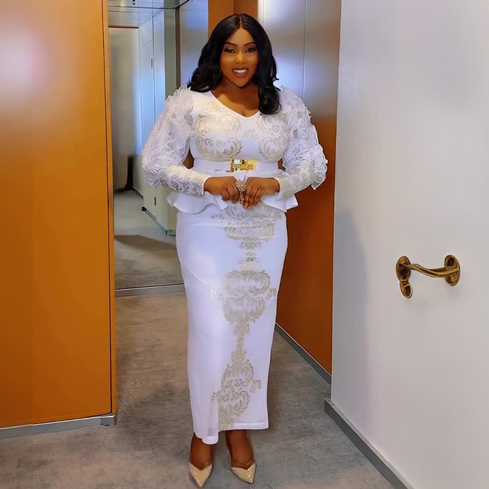 Plus Size African Women Beaded beaded v-neck dress 3