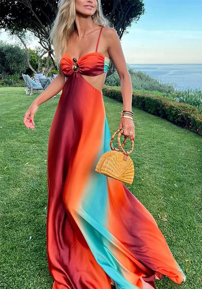 Summer women's sexy straps low-cut Low Back beach gradient dress