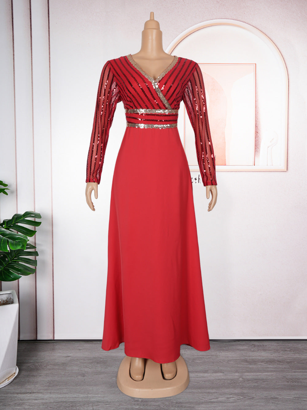 Plus Size African Women Autumn Lace Patchwork Sequins Dress 10