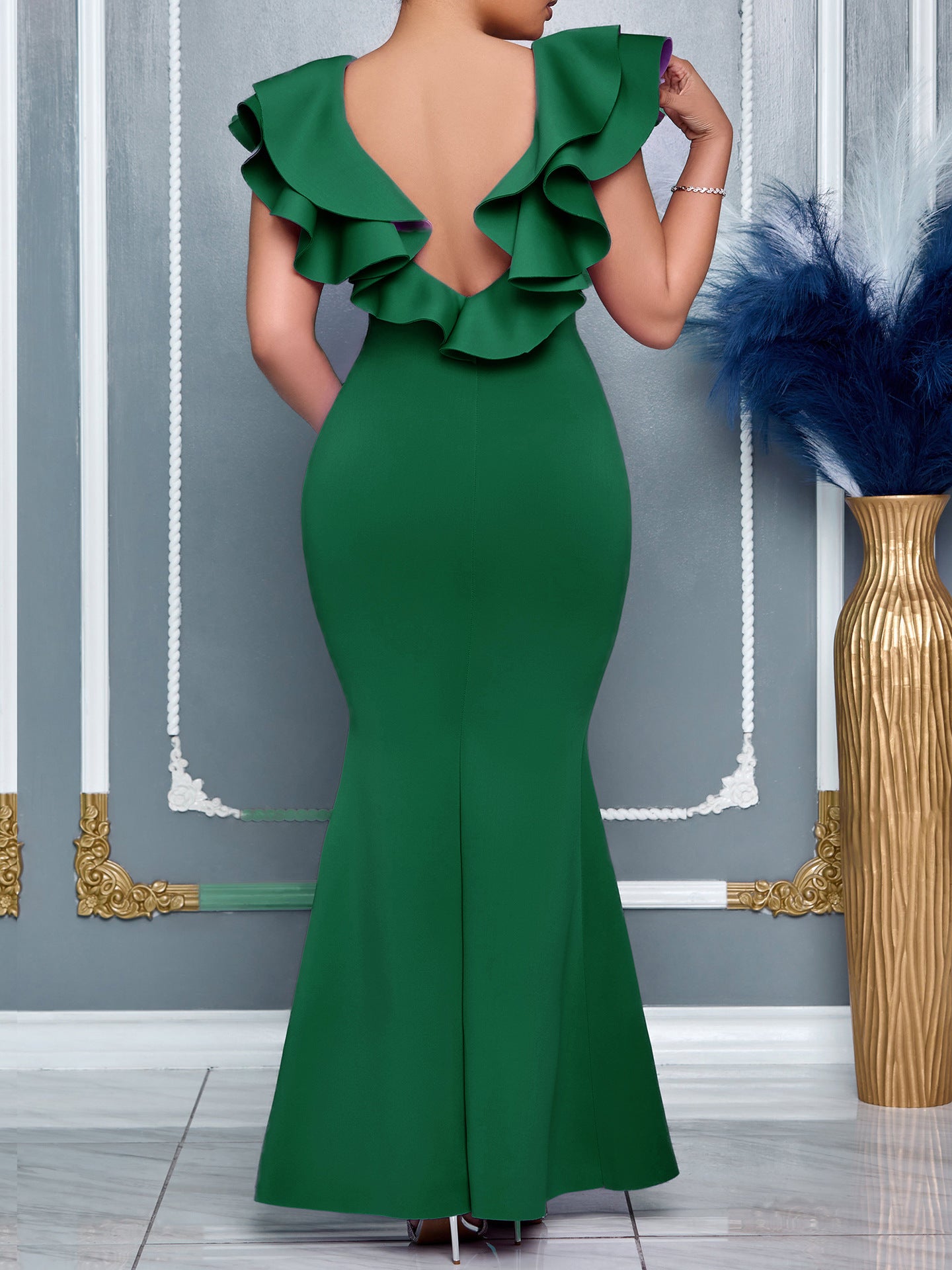 Fashion Women's Summer Solid Color V-Neck Slit Mermaid Maxi Dress 6