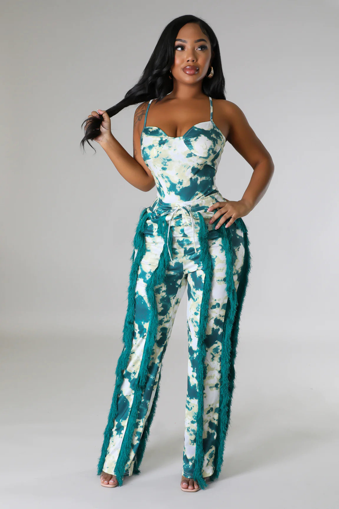 Women's Two-piece Pants V-Neck One-Piece bodysuit Top Sexy Tie-Dye Tassel Trousers Set 5