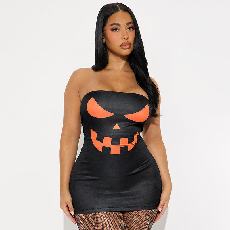 Women's Autumn Strapless Halloween Print Tight-Fitting Mini Bodycon Dress 8