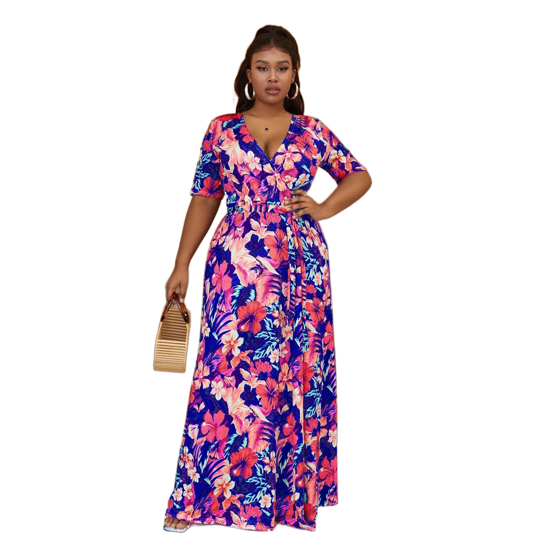 Plus Size Women Bohemian Beach Tie Dye Casual Slit Short Sleeve Maxi Dress 3