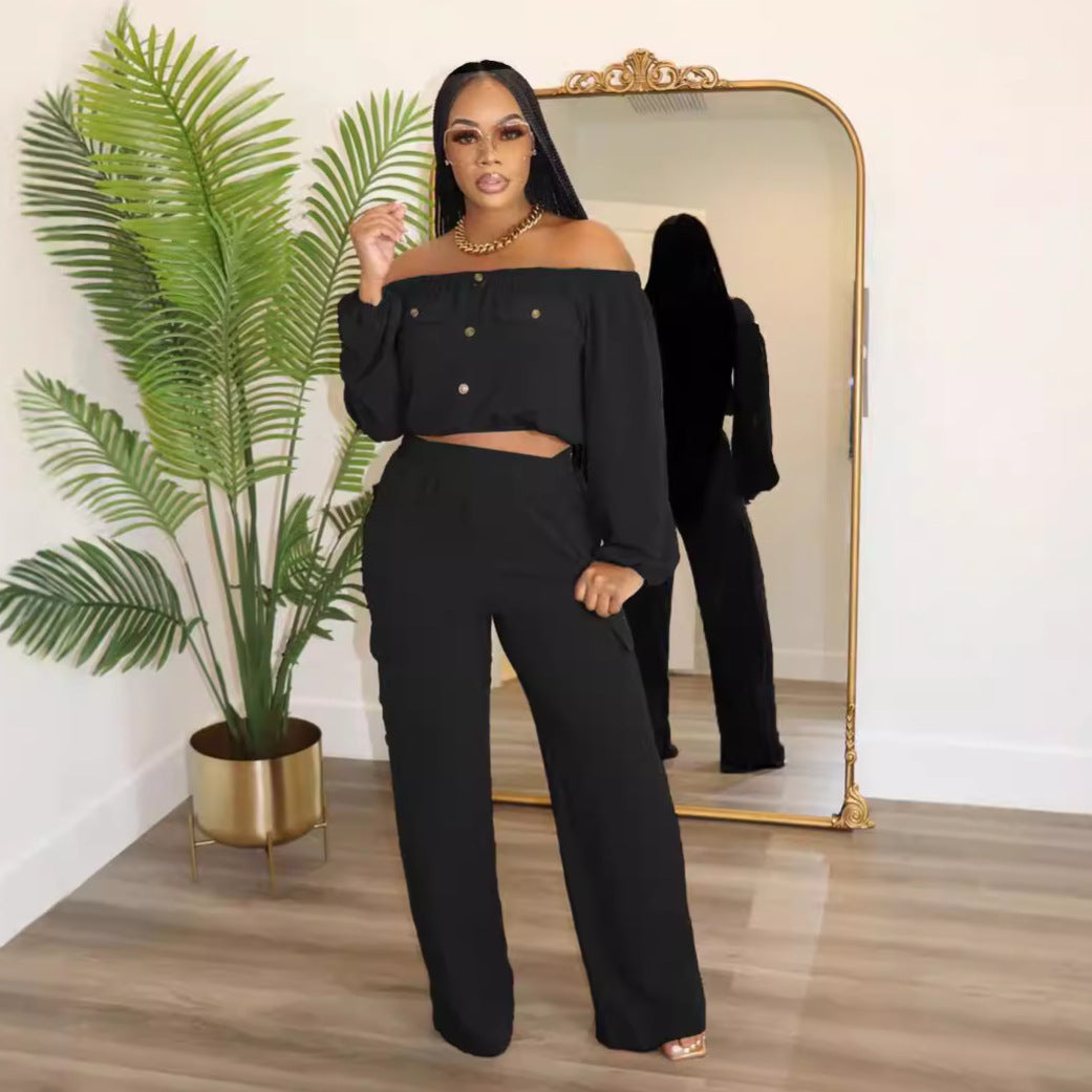 Women Solid Sexy Off Shoulder Long-sleeved Top and Wide-leg Pants Two-piece Set 5