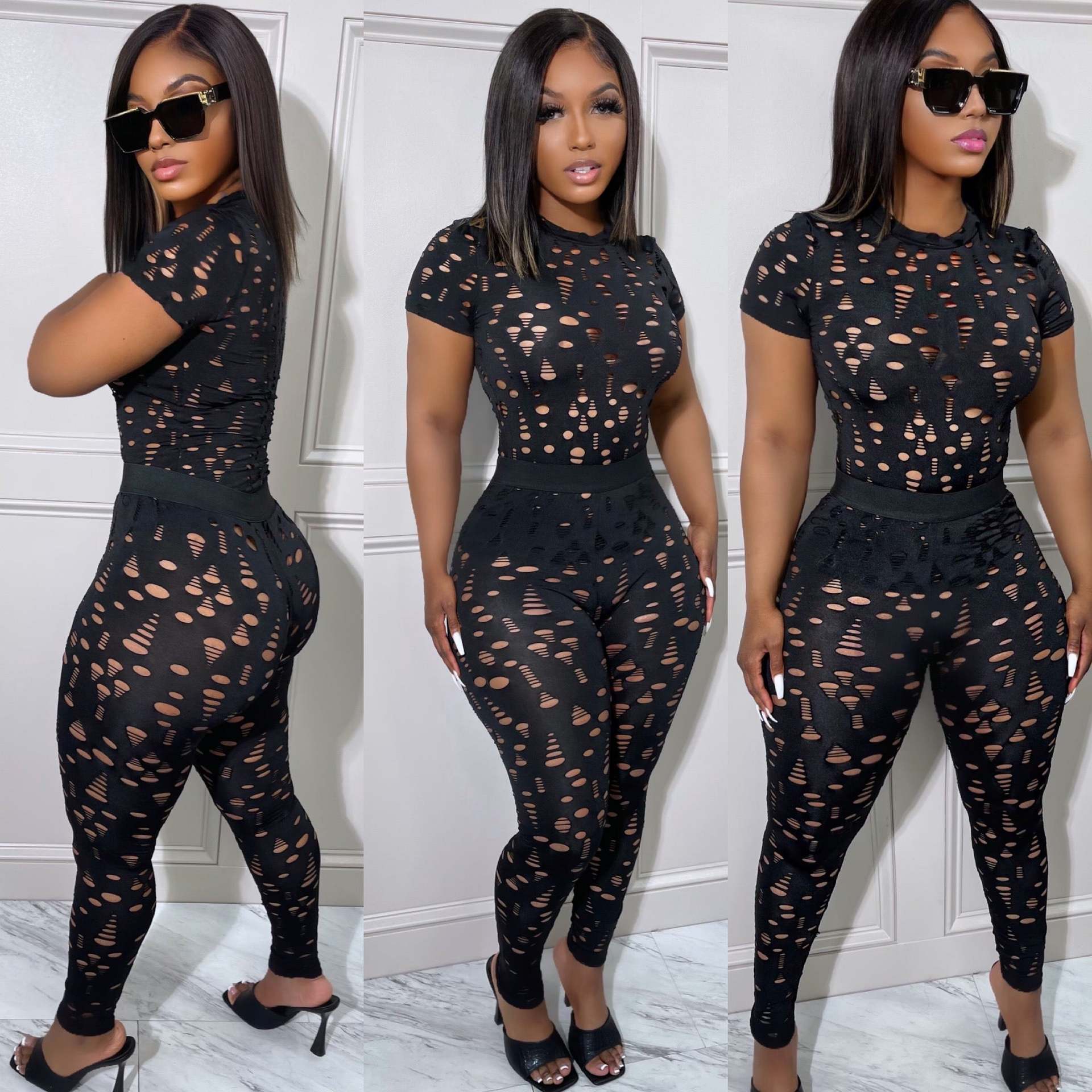 Women Stretch Ripped Round Neck Solid Top and Pant Two-Piece Set 3