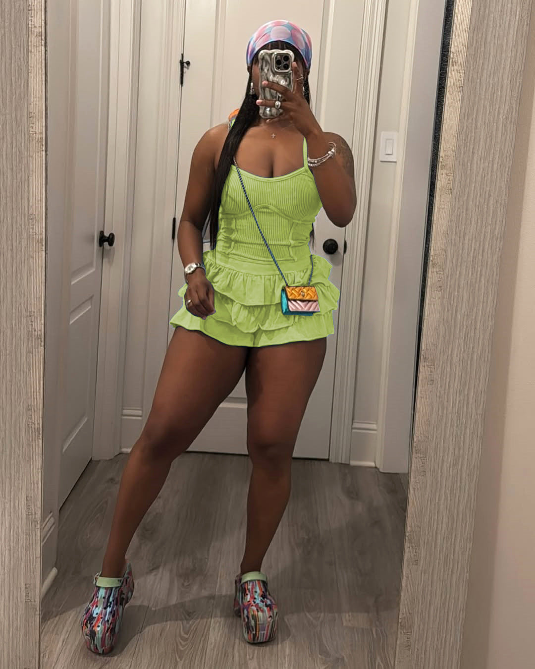 Women's Solid Strap Tank Top and Ruffled Shorts Set 5