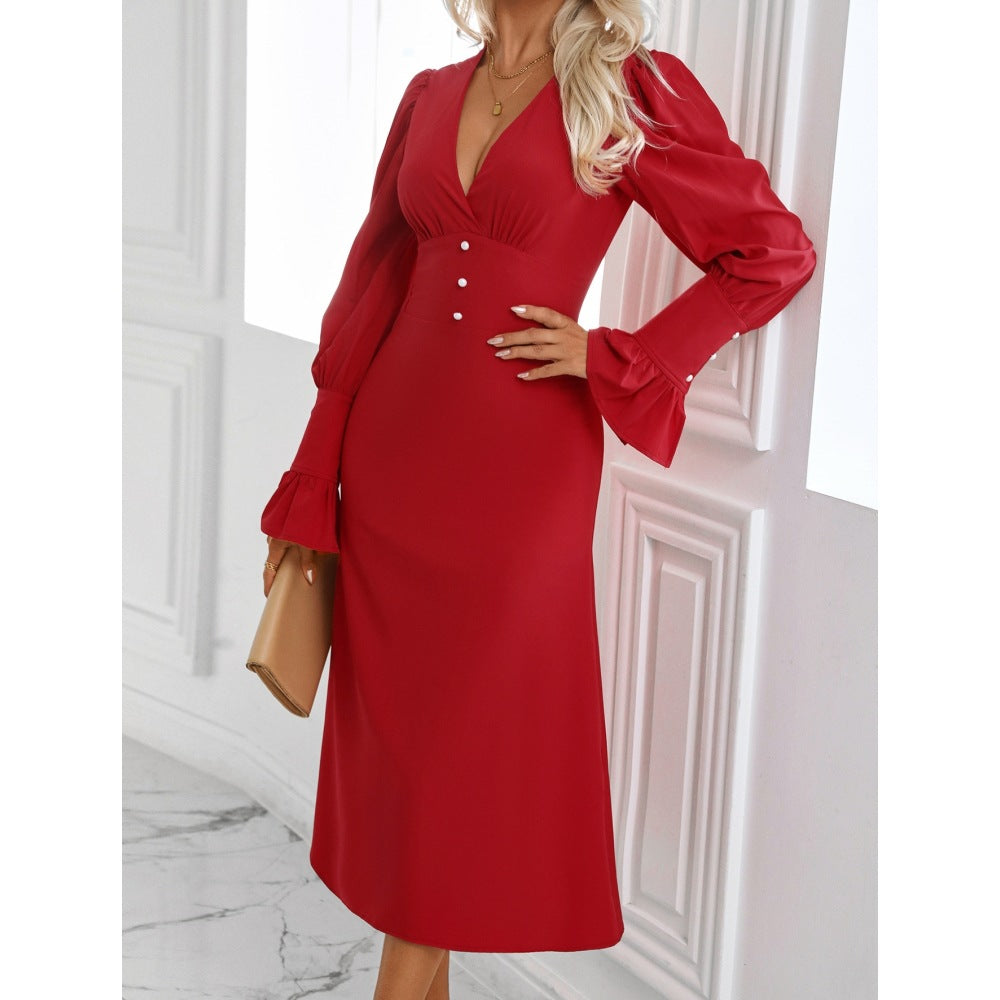 Women Sexy Puff Sleeve V-Neck Dress 4
