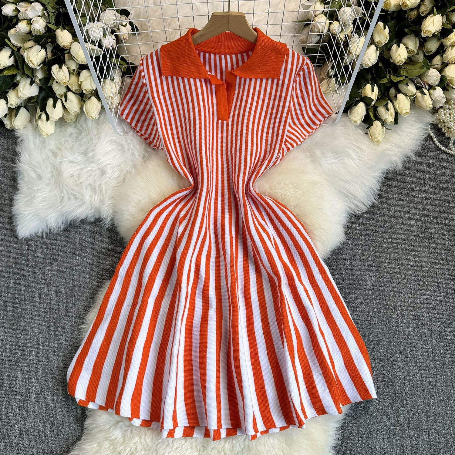 Contrast Turndown Collar Short-Sleeved Striped Women's Slim Waist Knitting Dress 7