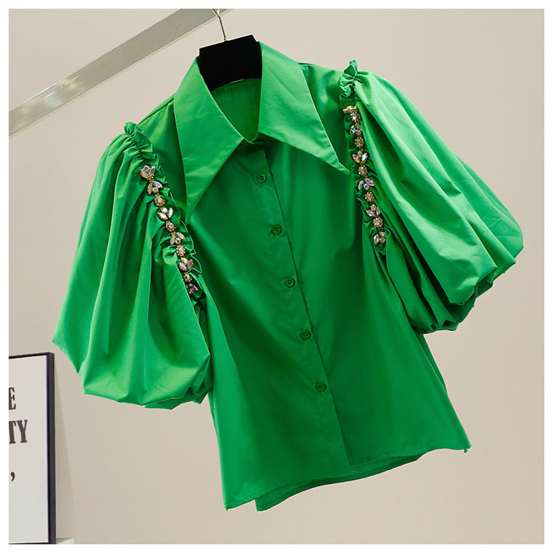 Embellished Rhinestone Chain Fashion Slit Retro Puff Sleeve Shirt 8