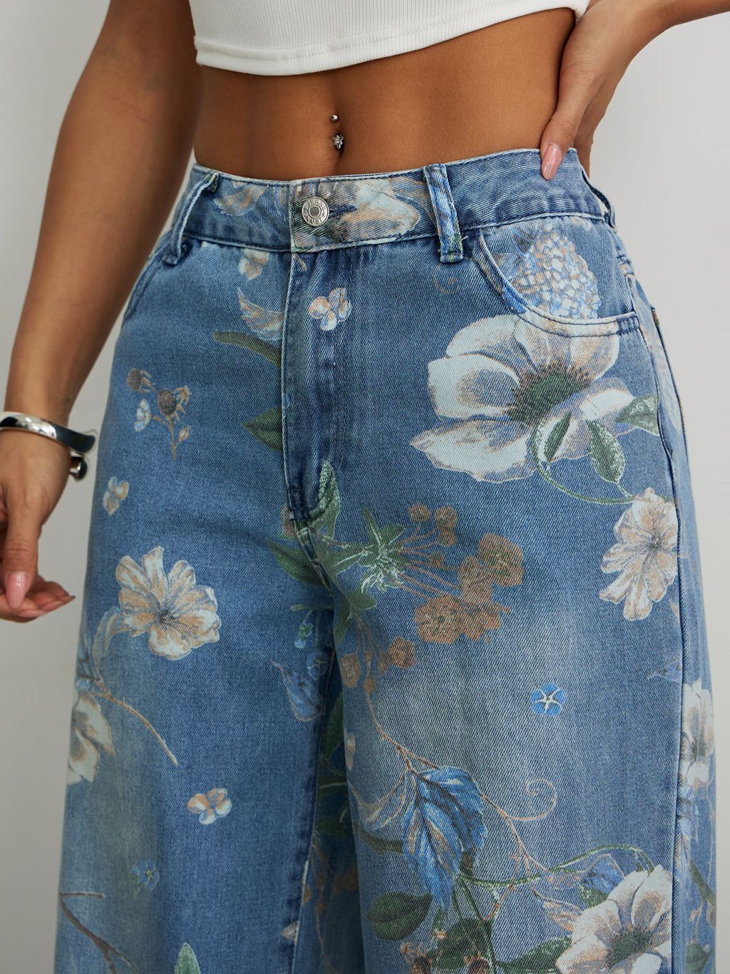 Street fashion printed loose straight wide leg denim trousers 5