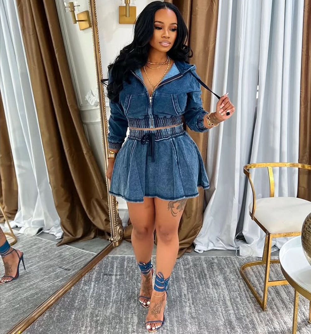 Women's Autumn Winter Denim Jacket Skirt Casual Two Piece Set 3