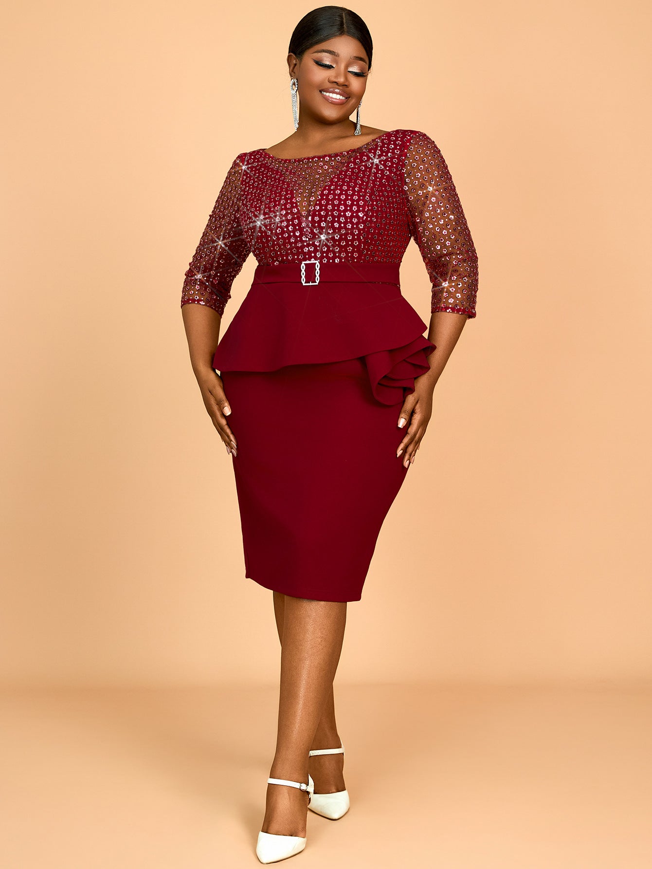 Summer U-Neck Sequin Formal Ruffle Plus Size Bodycon Party Dress