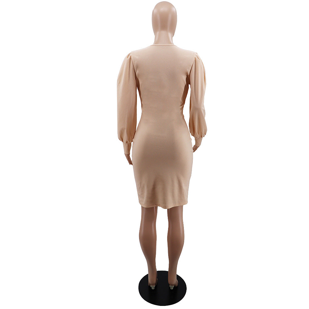 Women Solid Color Sexy V-Neck Ruffle Bodycon Dress 14