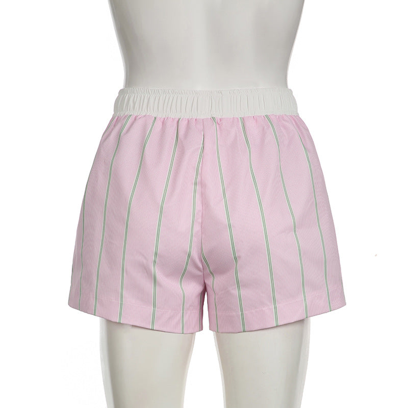 Women contrast color patchwork stripe casual pocket button shorts 9