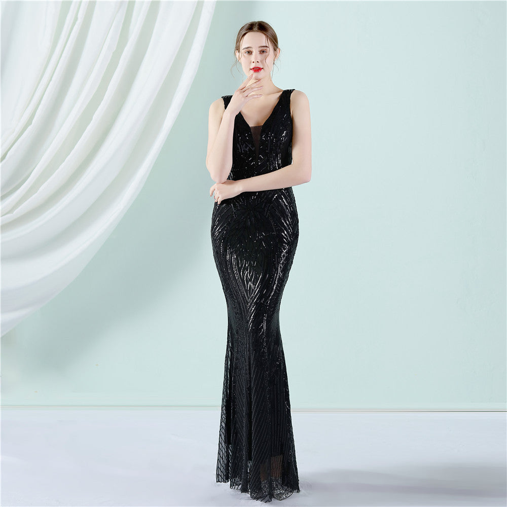 Women Summer Formal V-neck Sleeveless Patchwork Sequined Mermaid Evening Dress 3