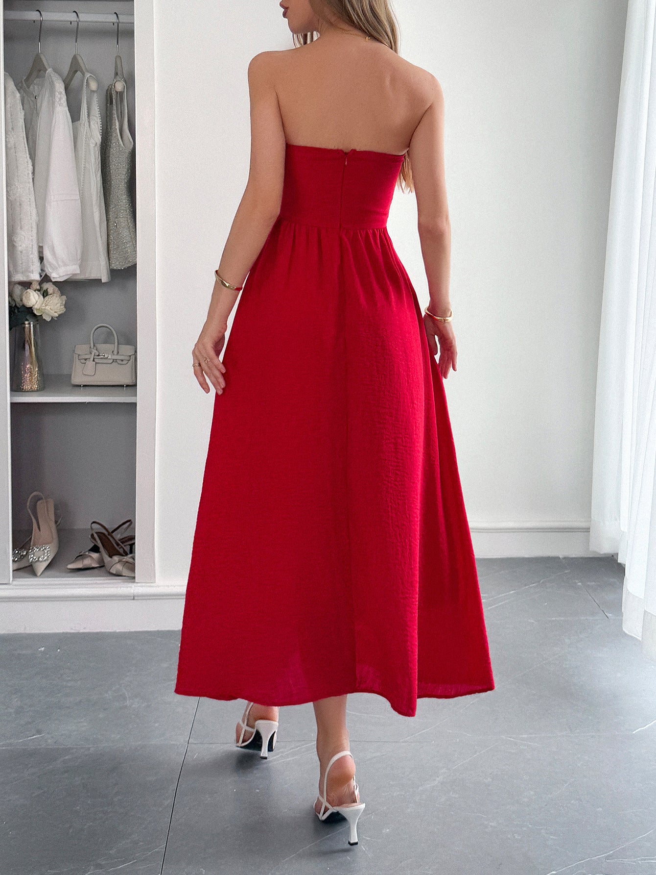 Spring/Summer Women's Elegant Holidays Strapless Slim Waist Long Dress 7