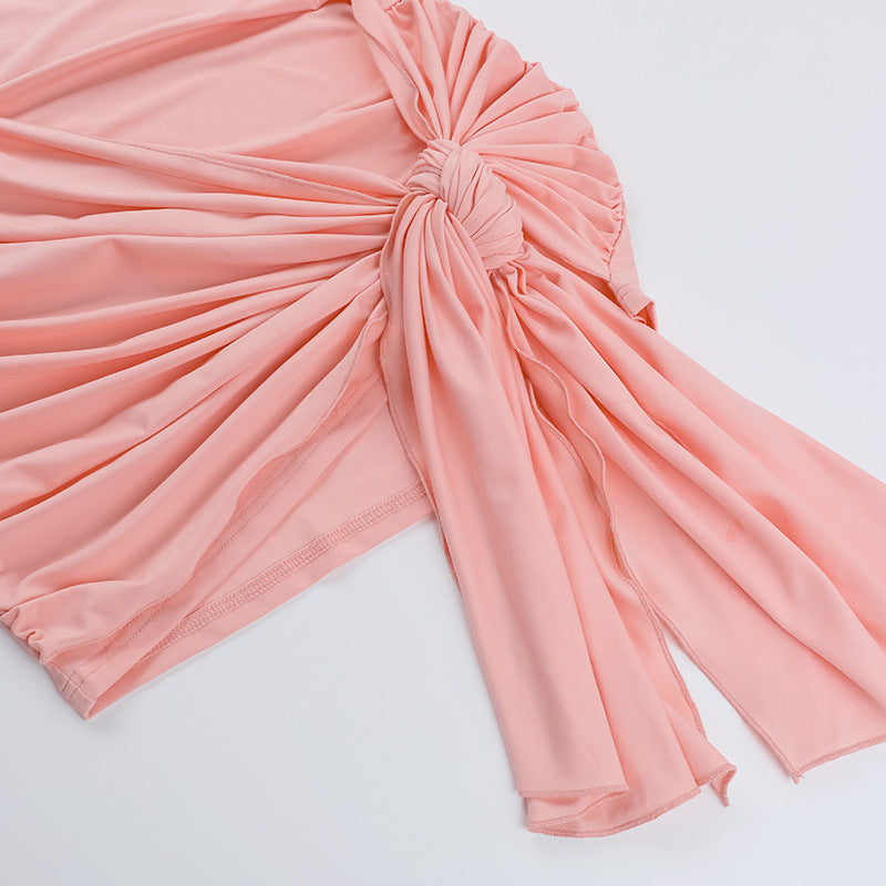 Women Spring Summer Sexy Gathered Ribbon Solid Dress 12