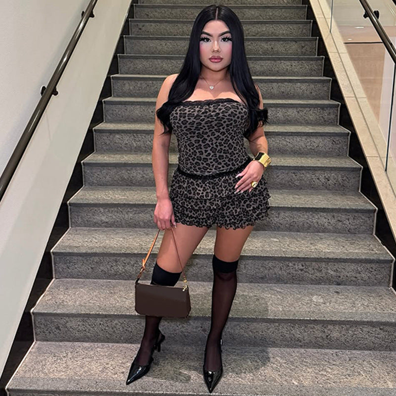 Women Summer Mesh Pleated Patchwork Leopard Printed Wrap Top and Shorts Two Piece Set 5