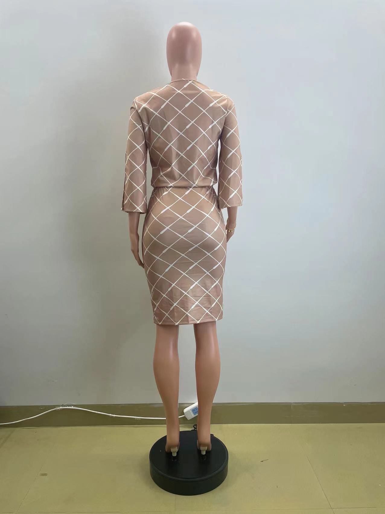 Women's Autumn Slit Sleeve Slim Fit Plaid Two Piece Skirt Set 5