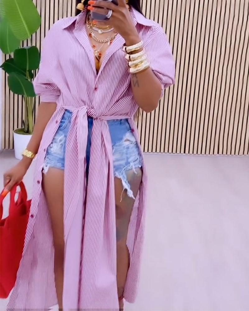 Women Striped Split Lace-Up Long Sleeve Shirt 6