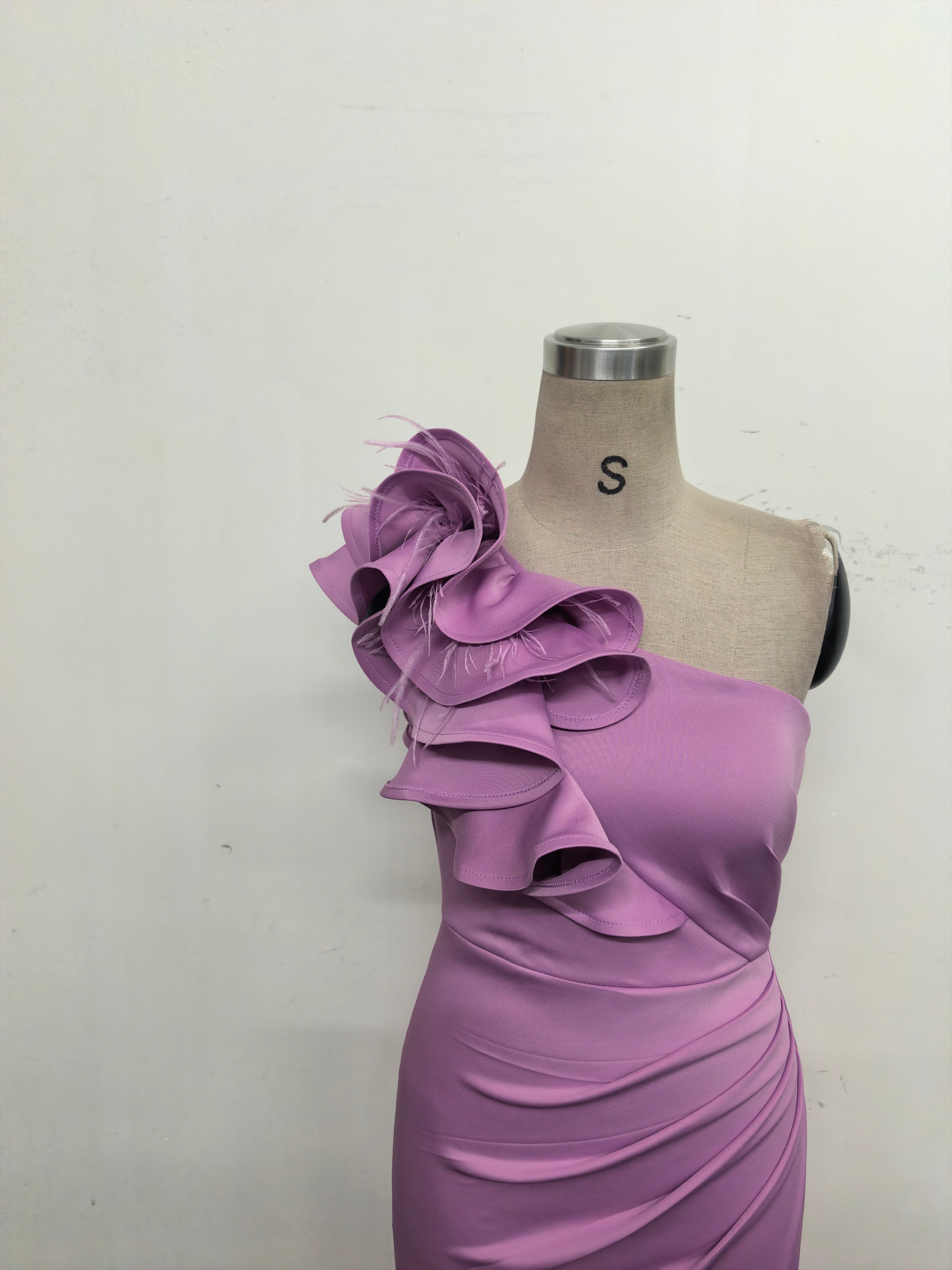 Women One-Shoulder Beaded Wool and Floral Satin Slit Sexy Evening Dress 32