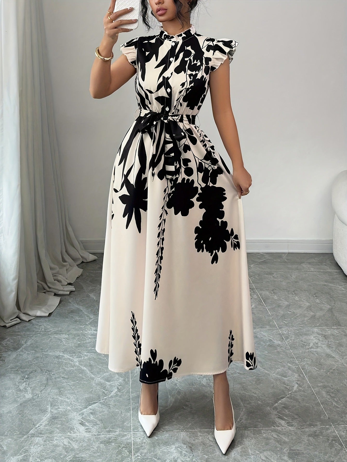 Women's Print Stand Collar Button-Down Ruffle Sleeves Slim Waist Belt Maxi Dress 6