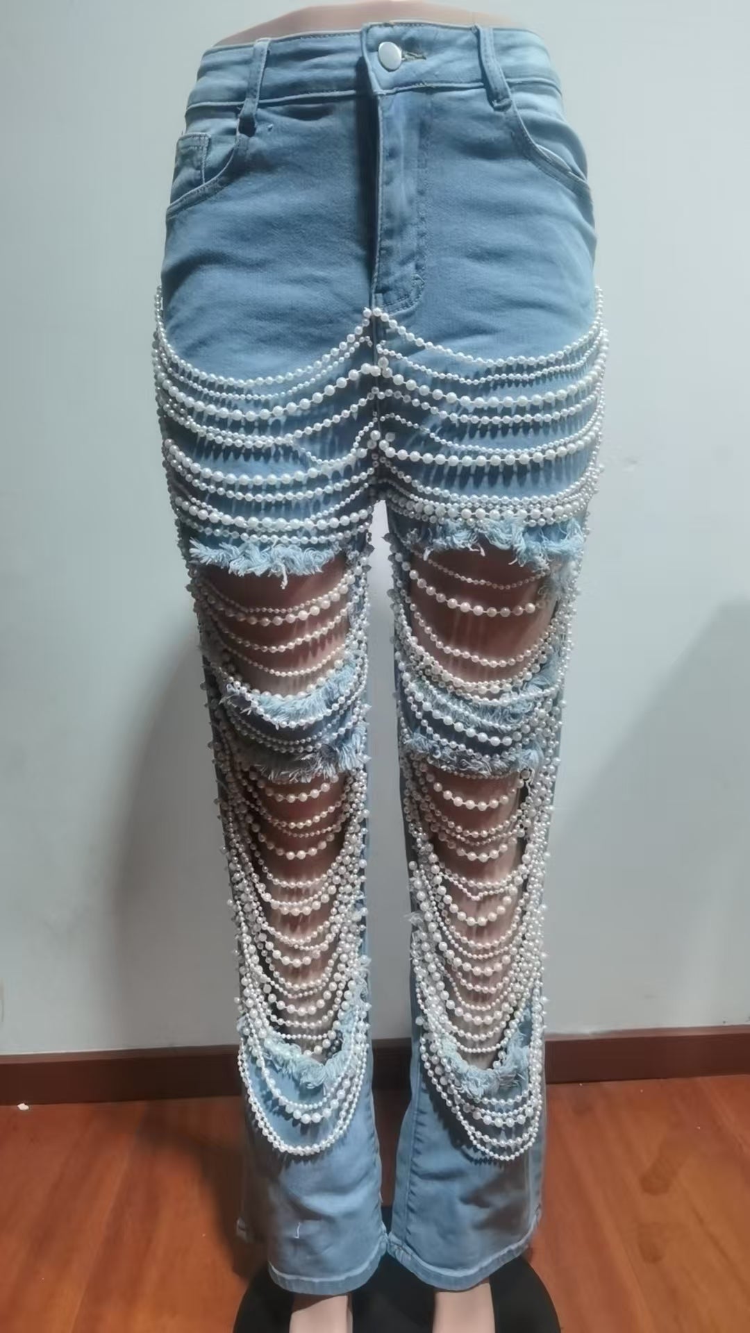 Women Summer Ripped Heavy Beaded Stretchy Denim Pants and Jacket Two-Piece Set 9