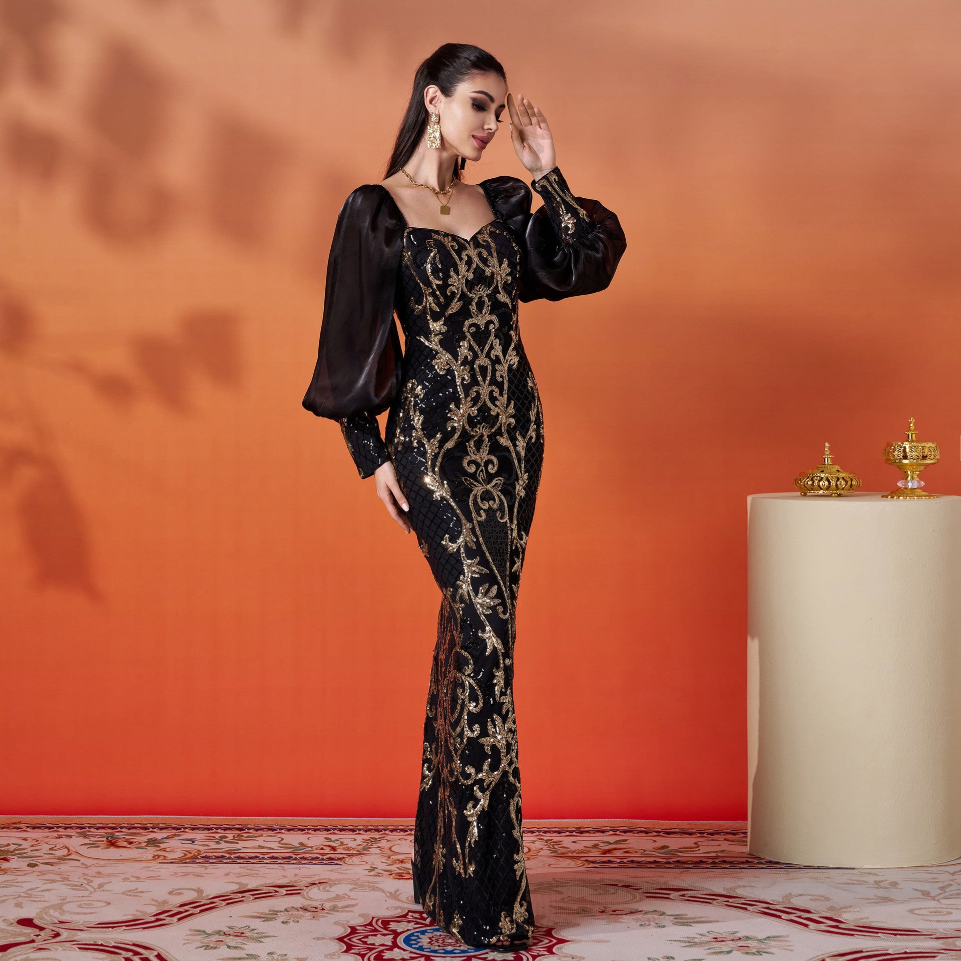 Women long sleeve square neck sequins formal party evening dress 3