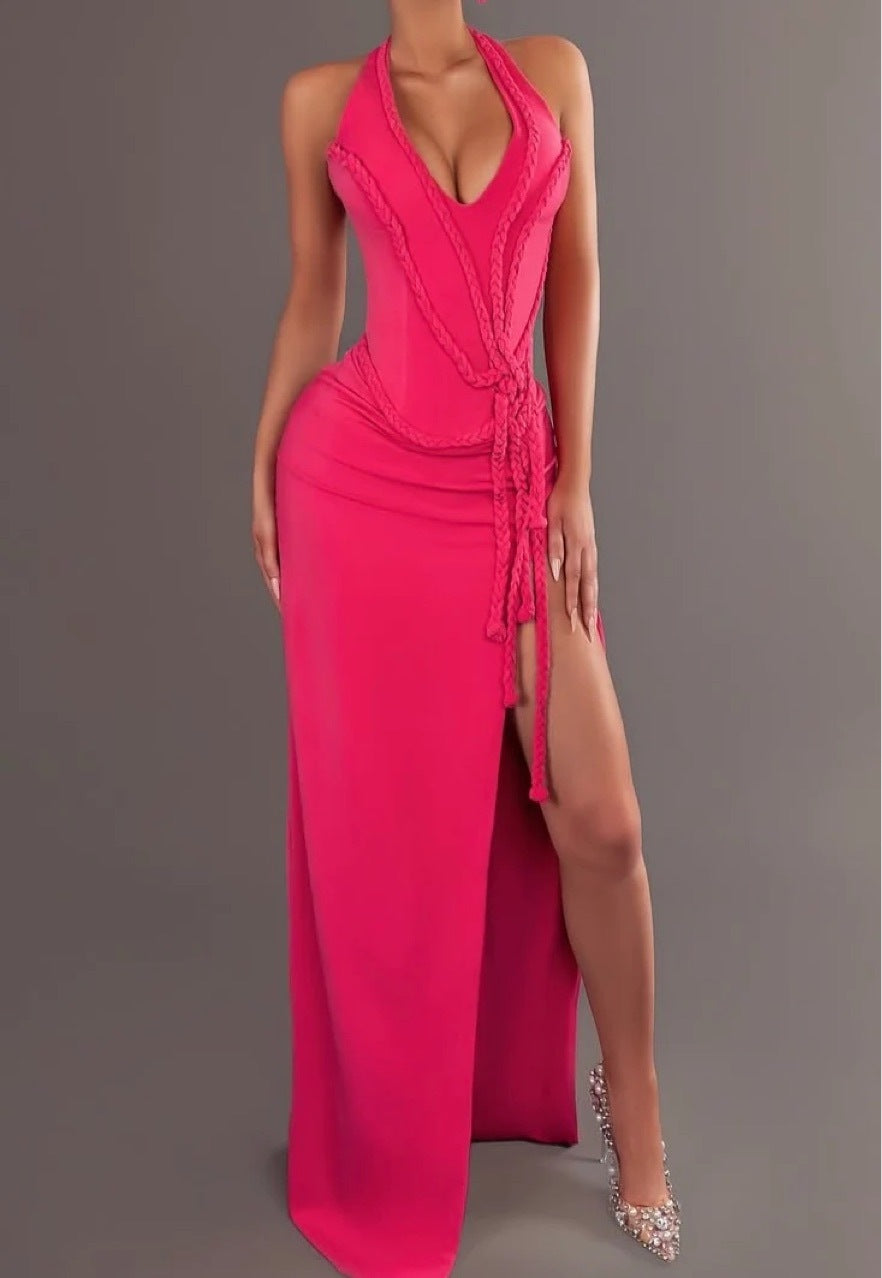 Women Sexy Line Hollow Gathered Lace Slit Dress 3