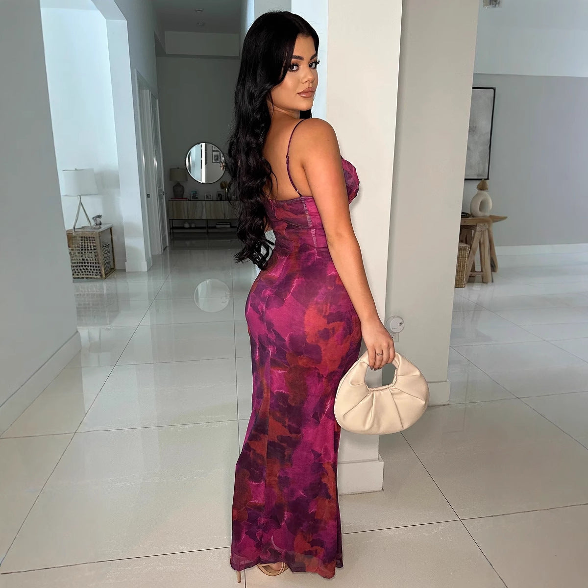 Women Sexy Double Tie-Dye Printed Backless Strap Dress 6