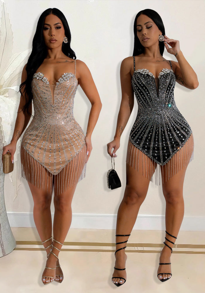 Women Strapless Beaded Chain Sexy Irregular Dress