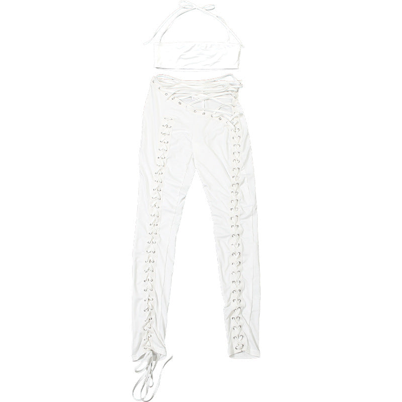 Women Fall Solid Halter Neck Lace-Up Top and Pants Two-piece Set 24