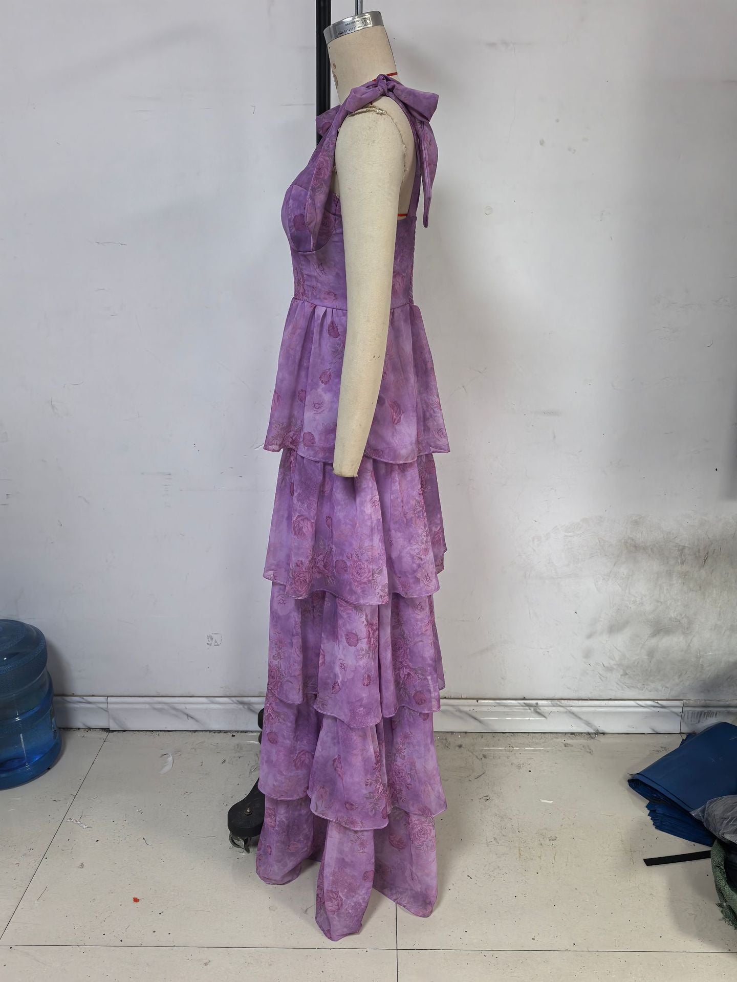 Women Spring/Summer Sleeveless Floral Strappy Off-The-Shoulder Tie-Drape Dress 8