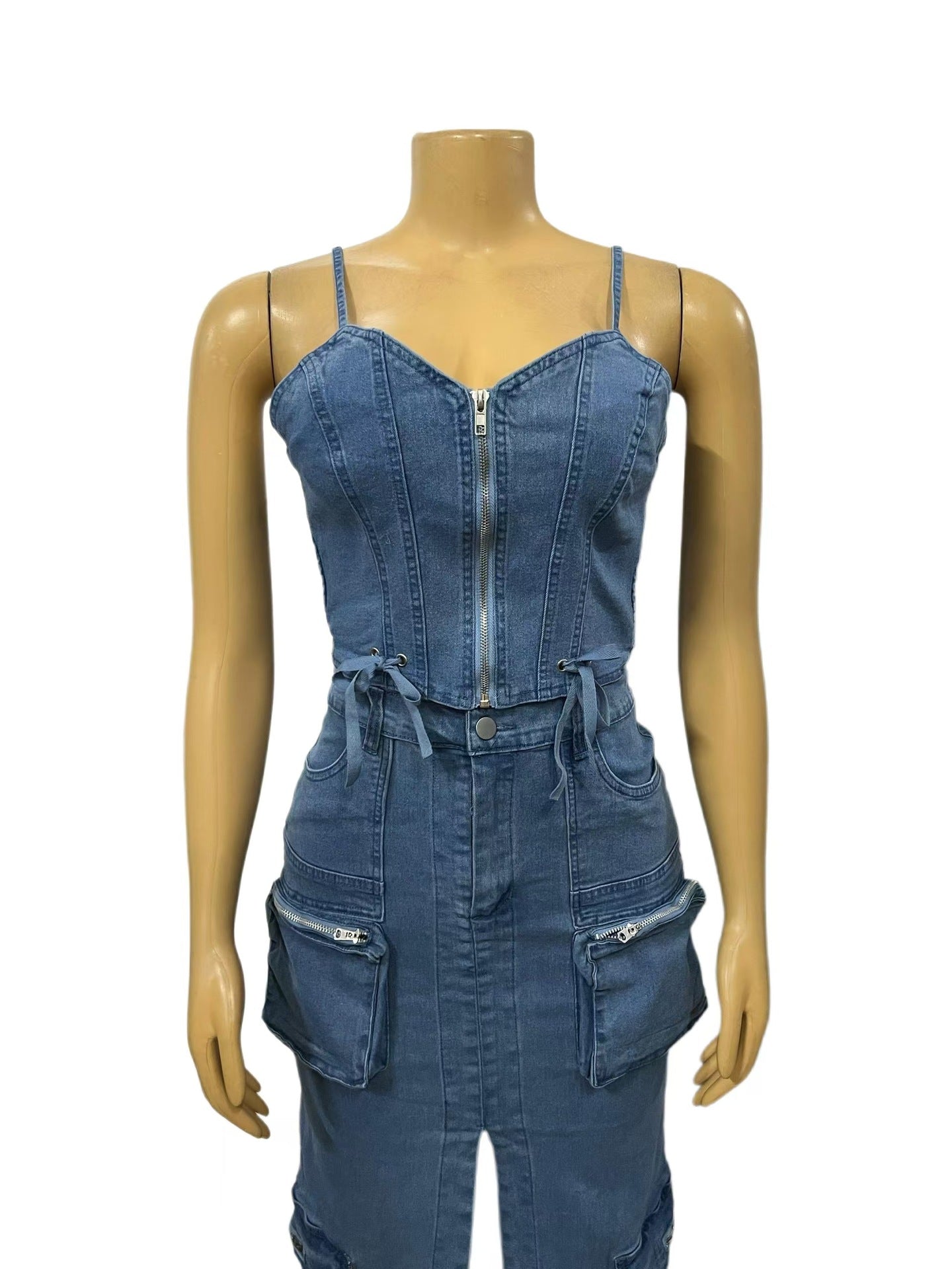 Women’s Fashion Zipper Strap Top Cargo Denim Skirt Set 5