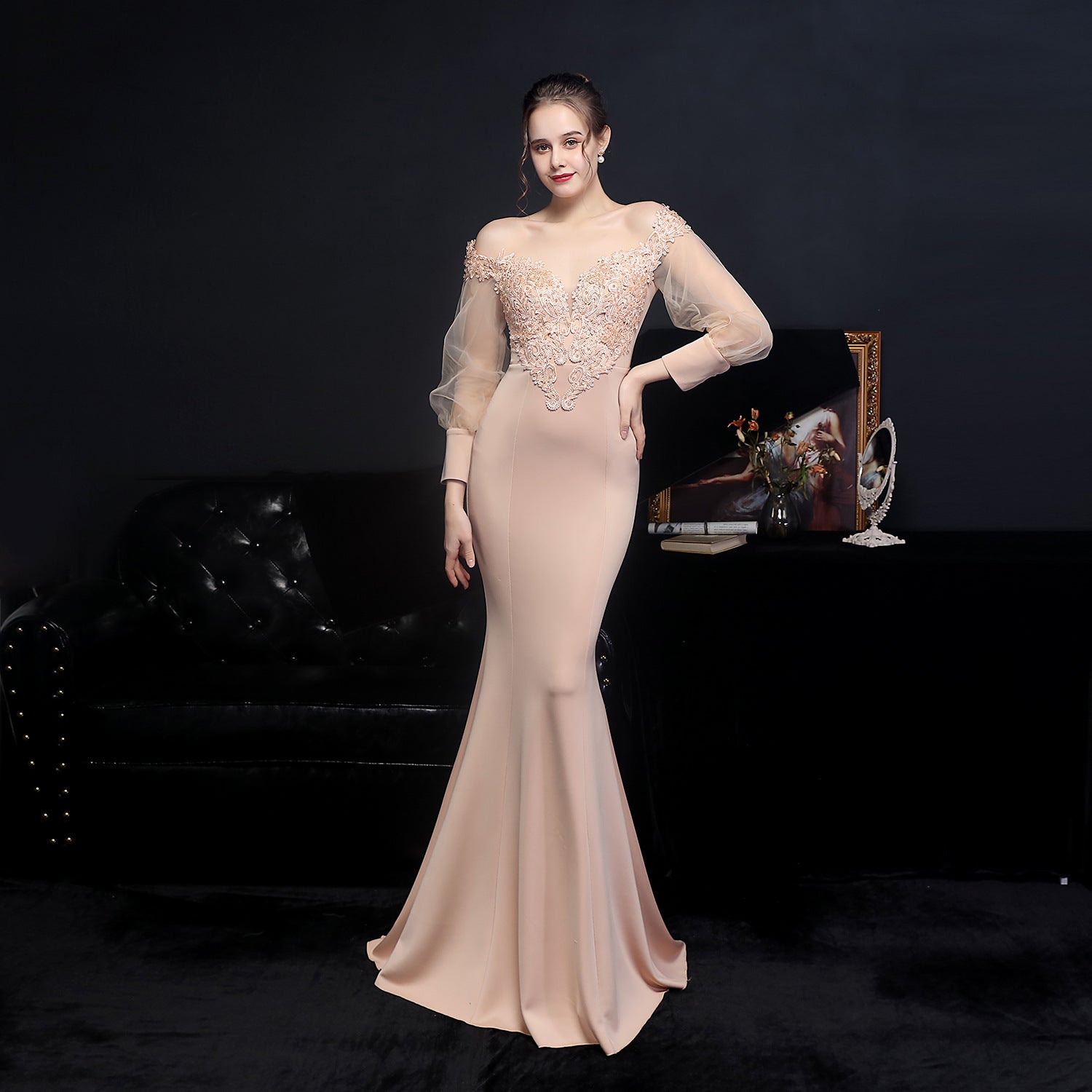 Women Elegant Lace Off Shoulder Mesh Long Sleeve Trail Evening Dress 11