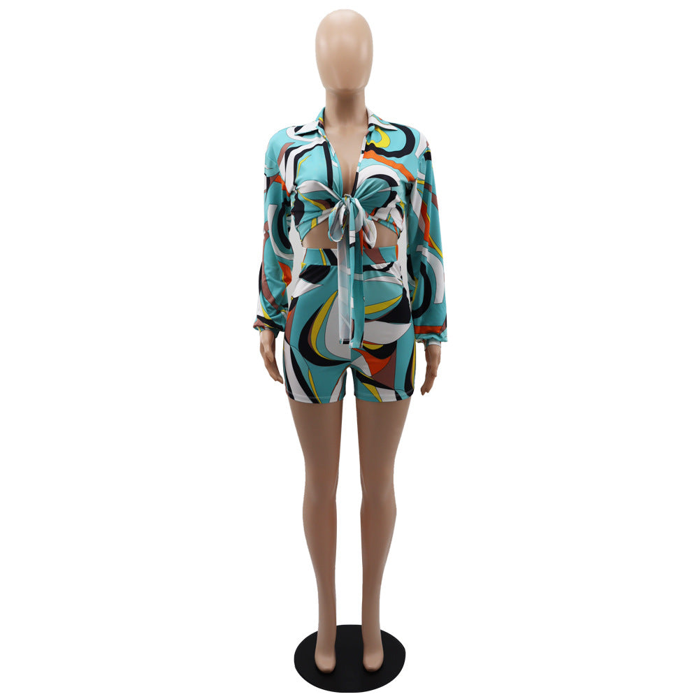 Women Printed Lace-Up Long Sleeve Shirt and Shorts Holidays Two-Piece Set 14