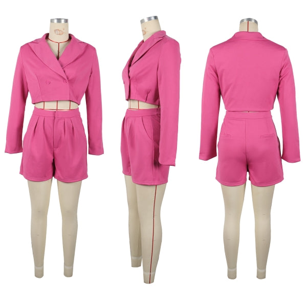 Women elegant Career Turndown Collar Long Sleeve Blazer and Shorts Two-piece Set 18
