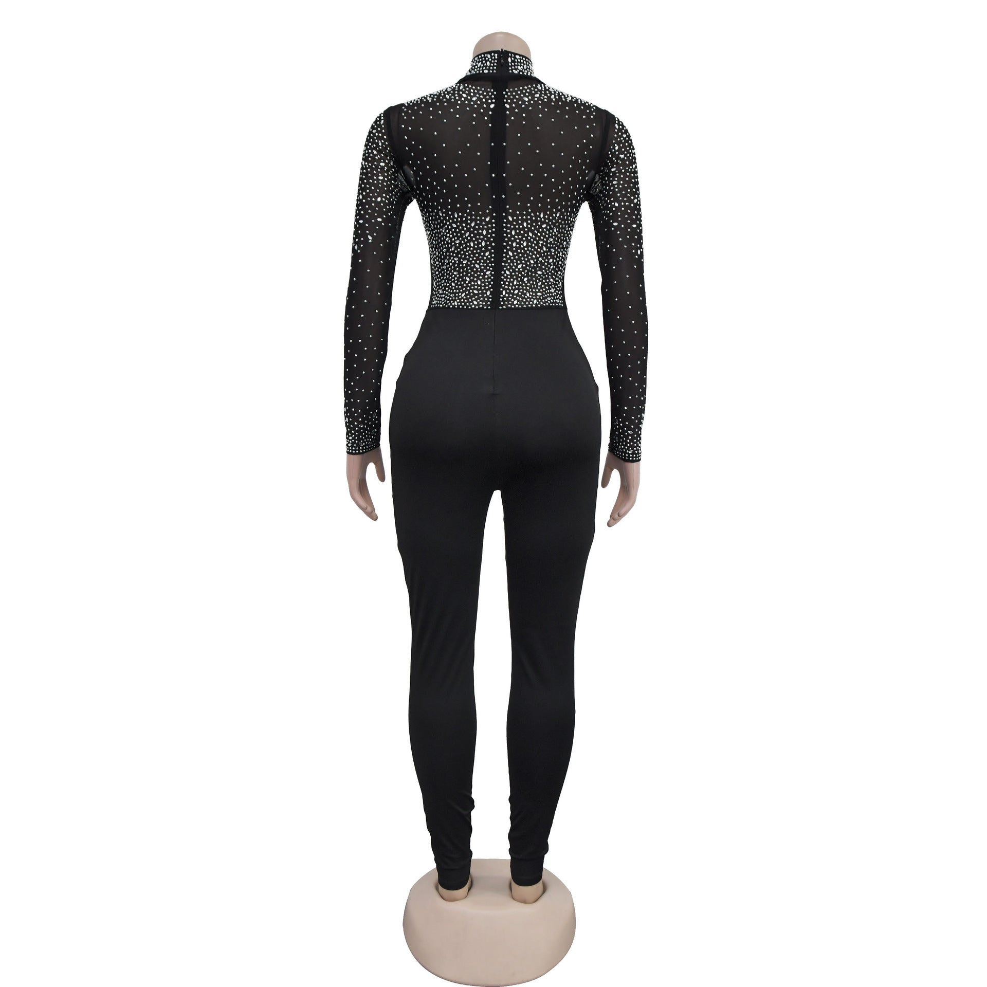 Fashionable Women's Slim Mesh Beaded Long-Sleeved Jumpsuit 11